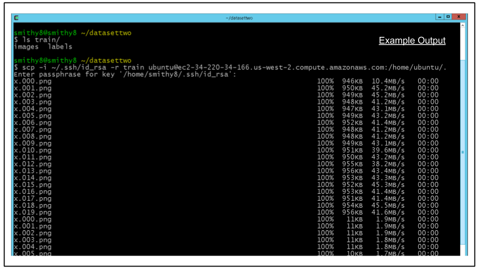 Terminal showing upload of train directory to CDeep3M instance