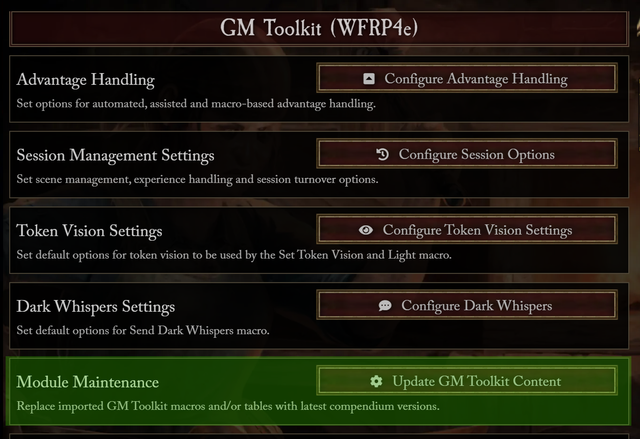 Toolkit Maintenance Settings